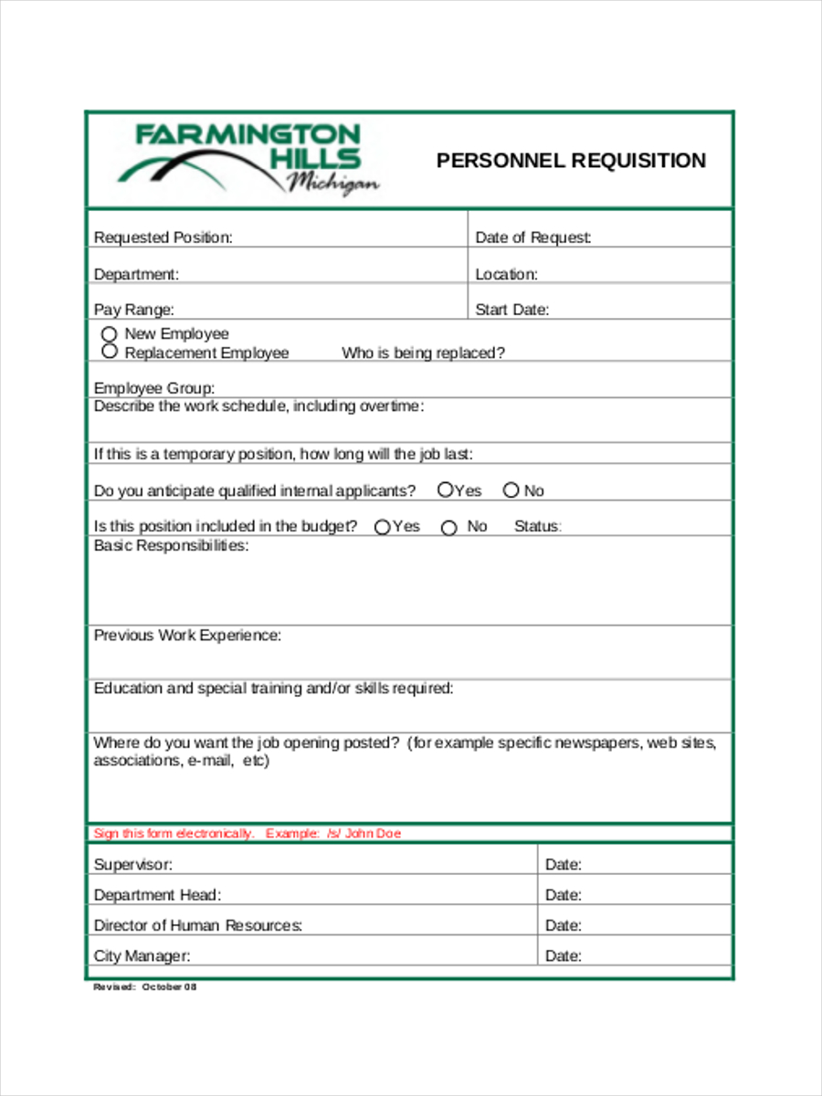 requisition personnel form example
