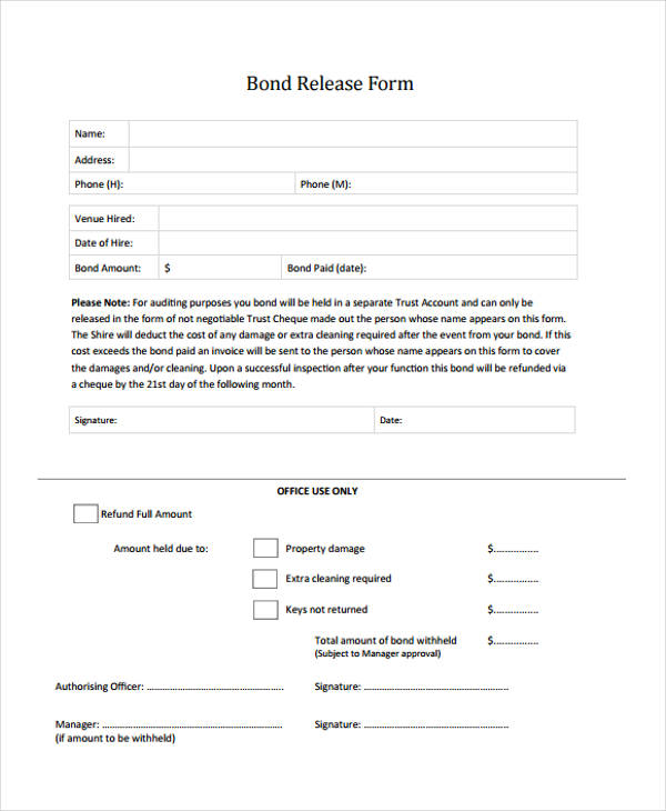 sample bond release form