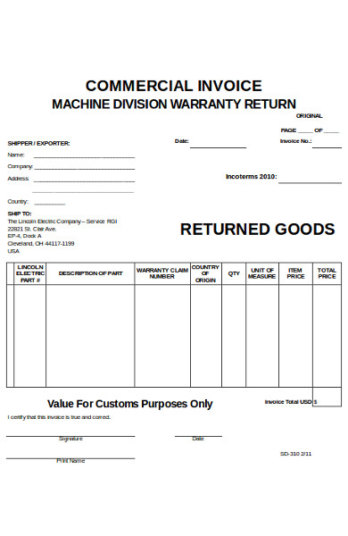 sample commercial invoice form