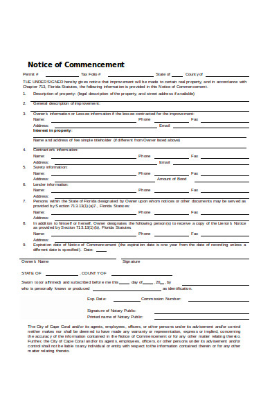 sample notice of commencement form