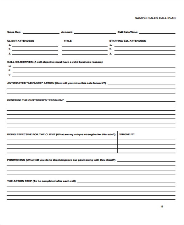 sample sales call planning report form