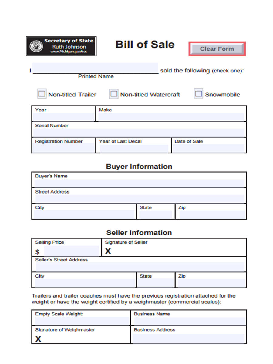 Free Printable Bill Of Sale For A Trailer