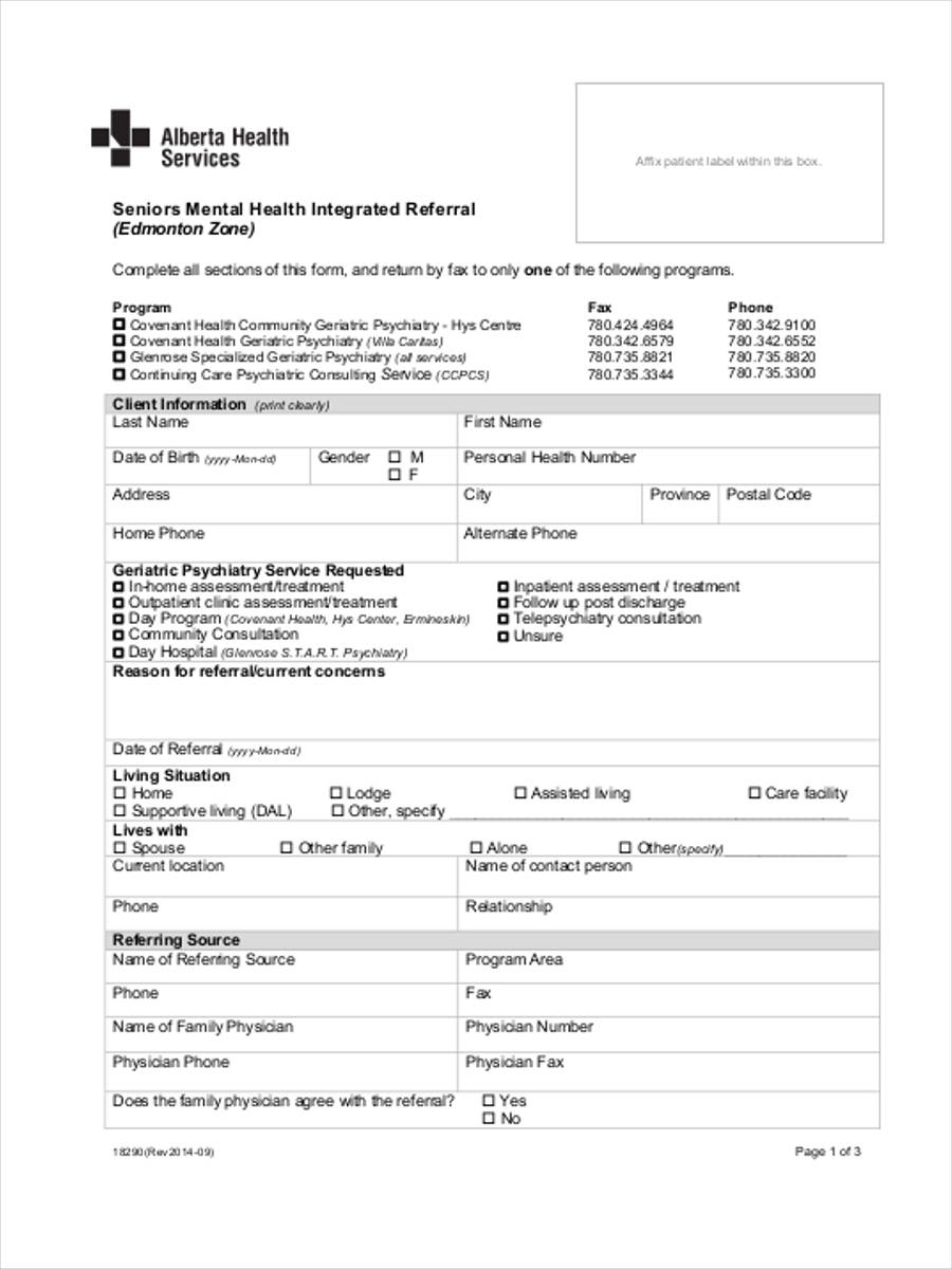 Template Printable Mental Health Assessment Form