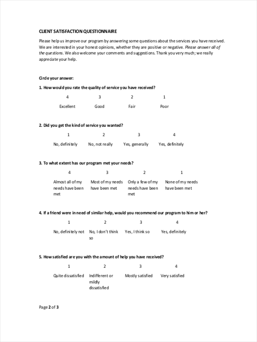 services client questionnaire