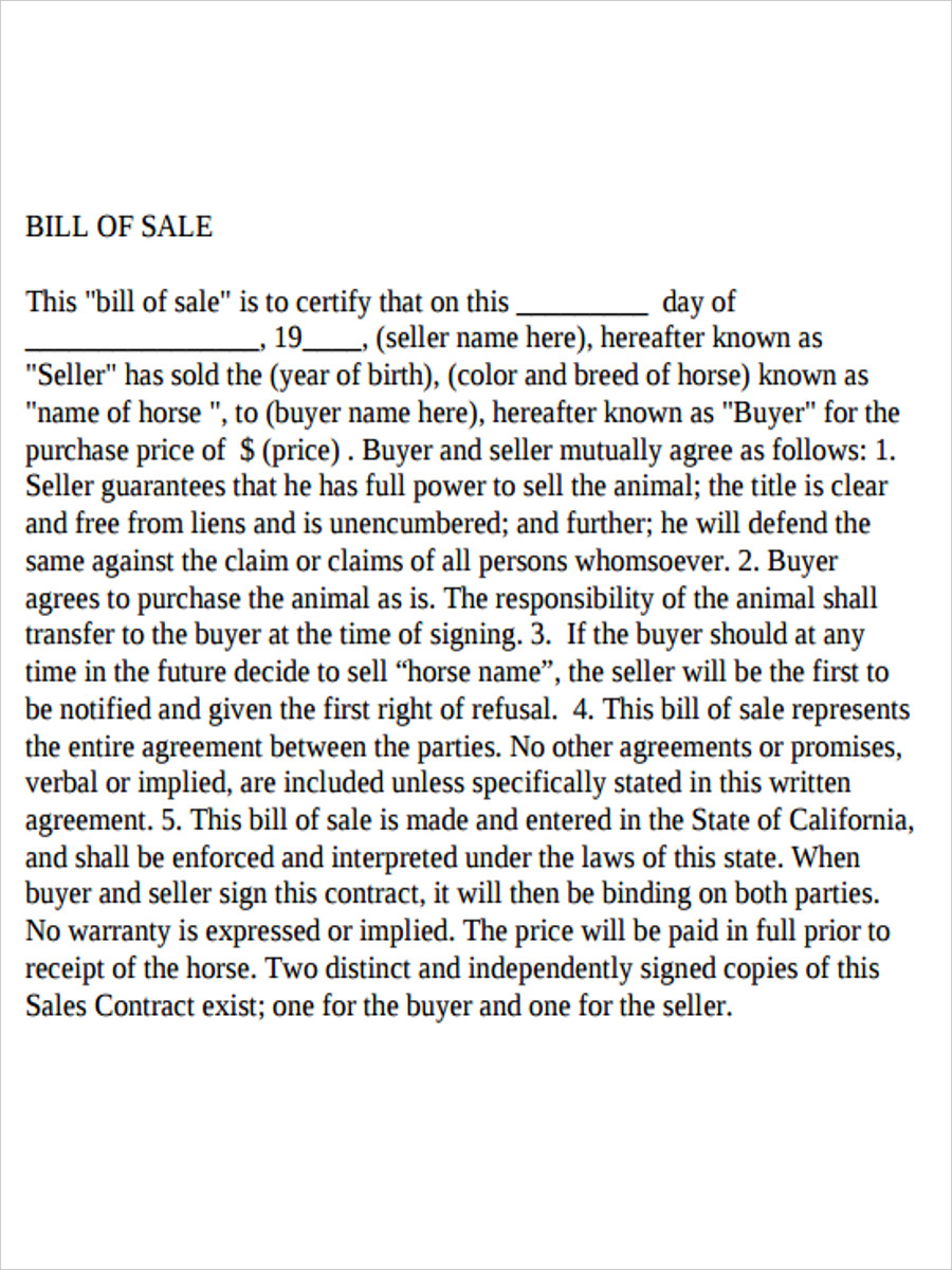 simple horse bill of sale