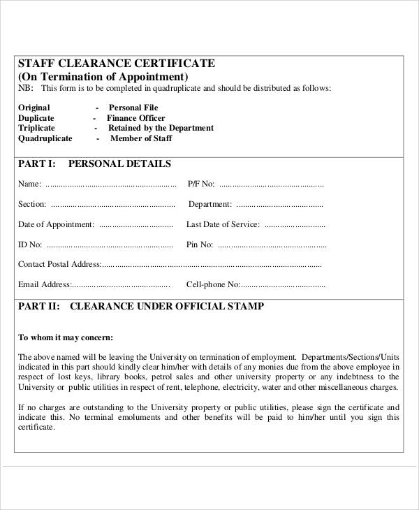 staff clearance certificate