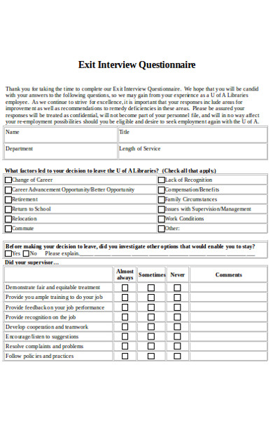 standard exit interview questionnaire form