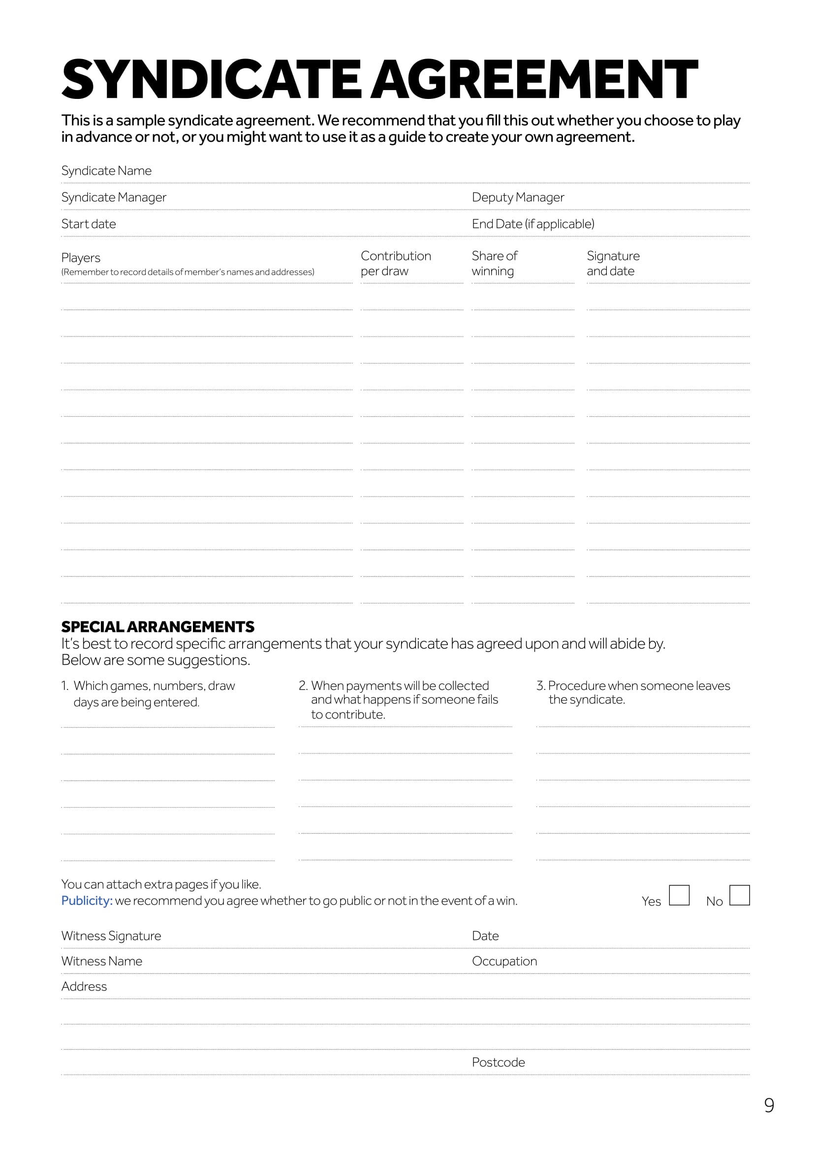 Lottery Syndicate Agreement Template Word Sample Professional Template