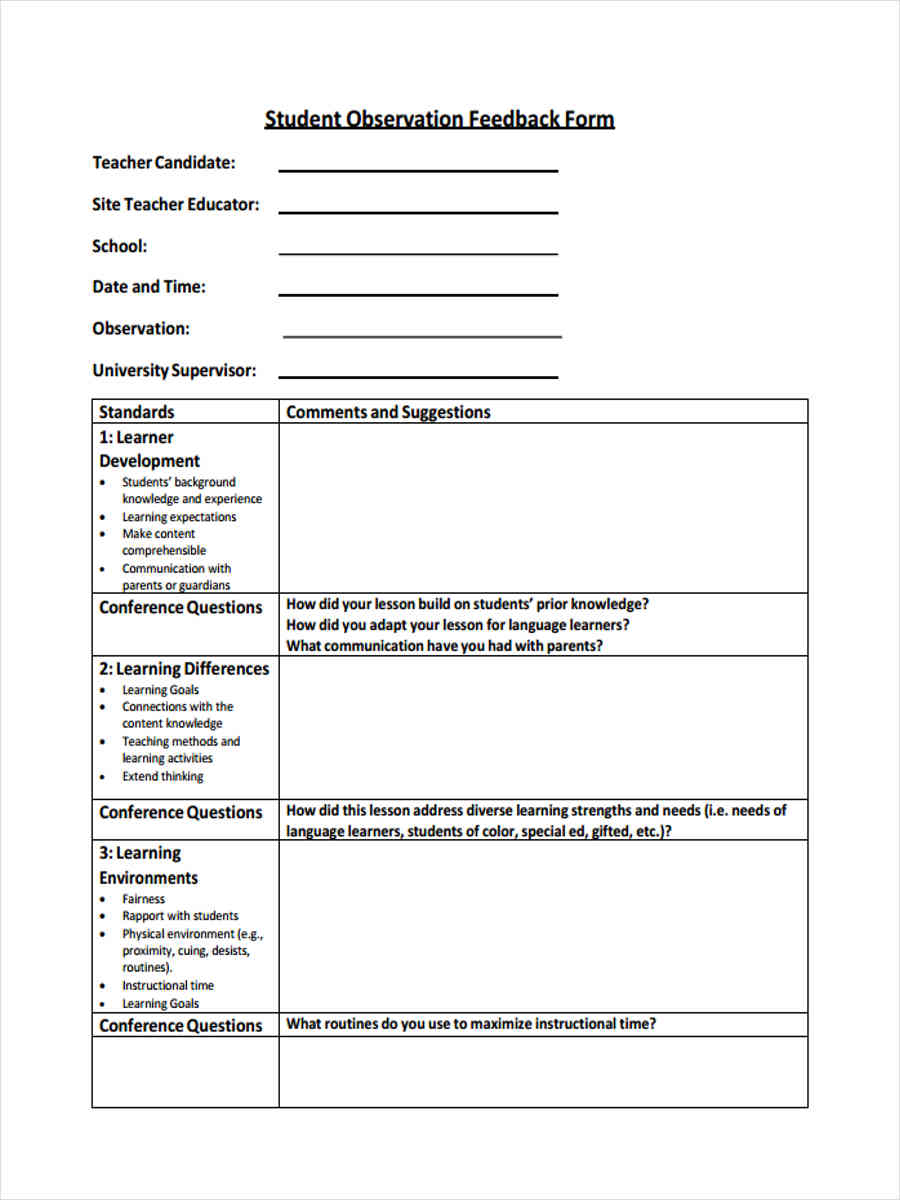 student observation feedback form