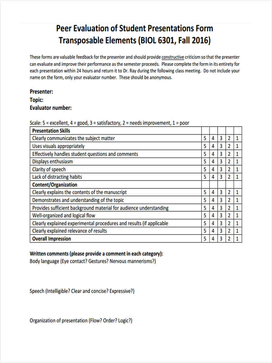 peer presentation evaluation form middle school