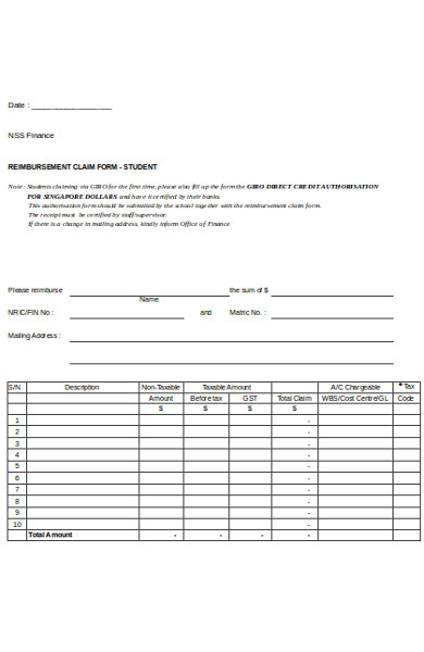student reimbursement claim form