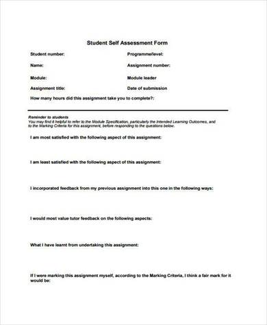 student self assessment form
