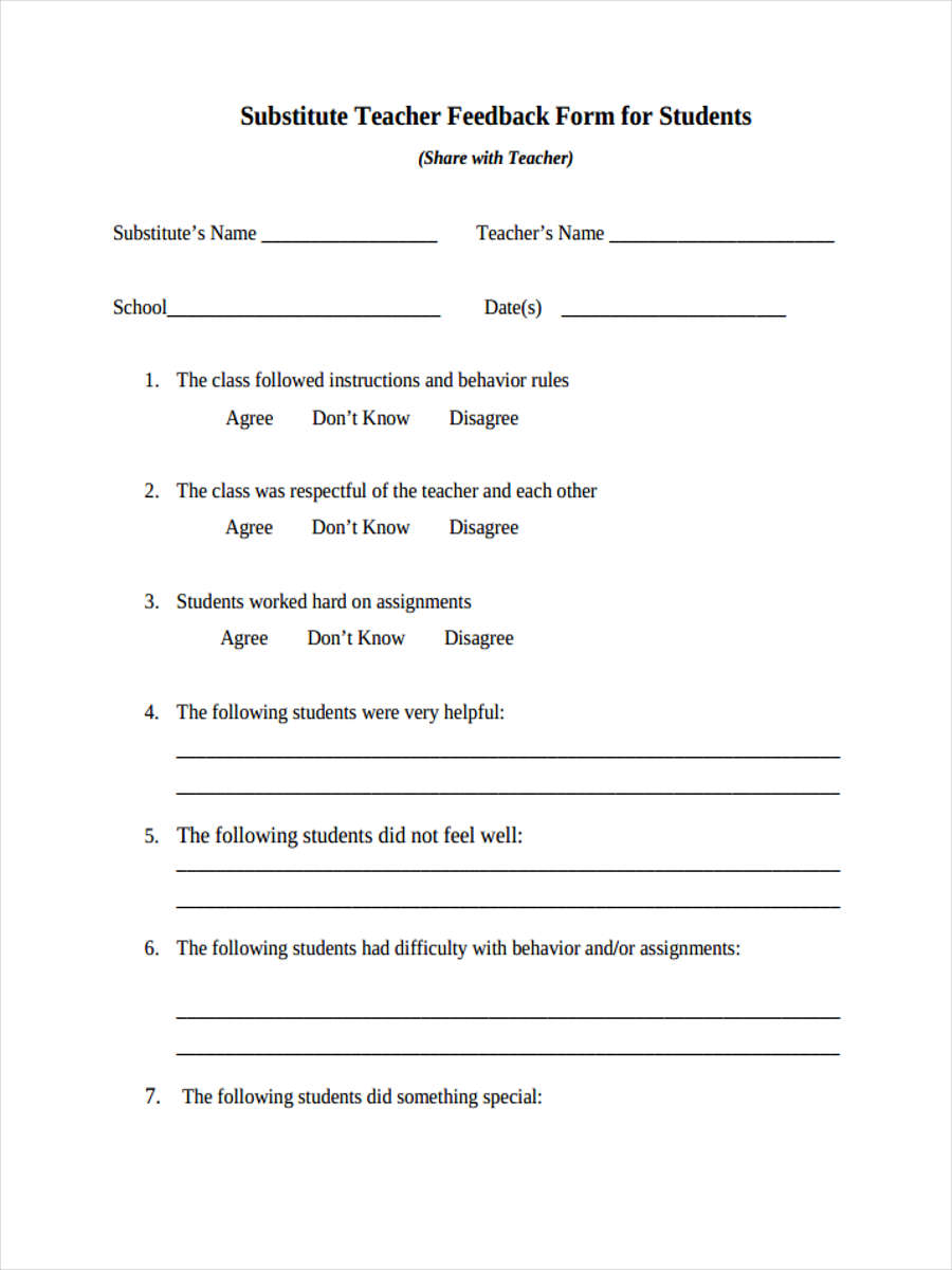 substitute teacher feedback form