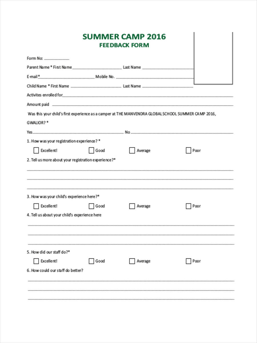 FREE 8+ Camp Feedback Forms Samples in MS Word | PDF