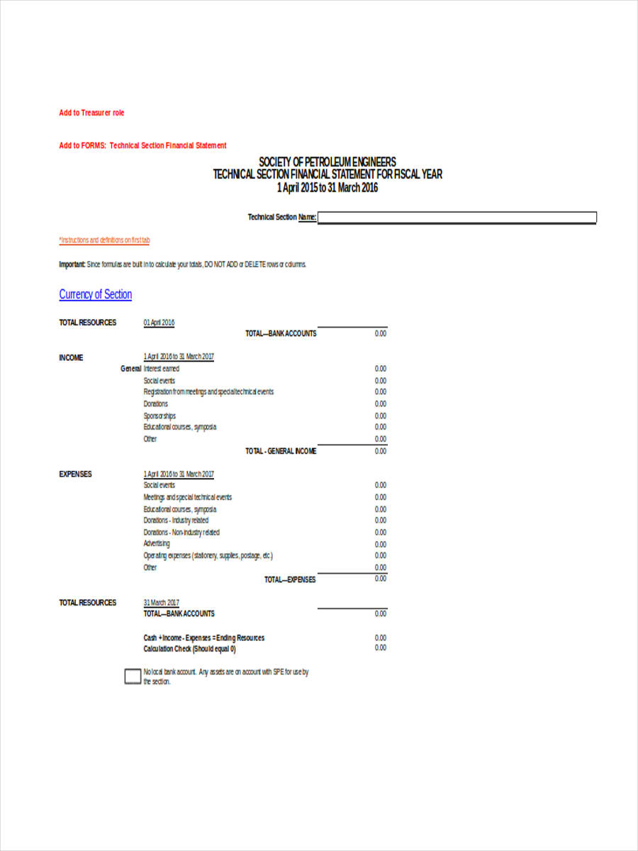 technical section financial statement