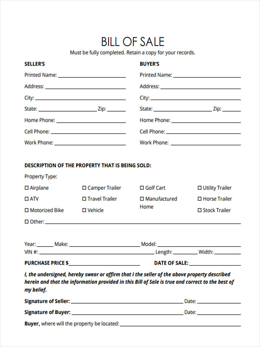 FREE 6 Trailer Bill Of Sale Forms In PDF