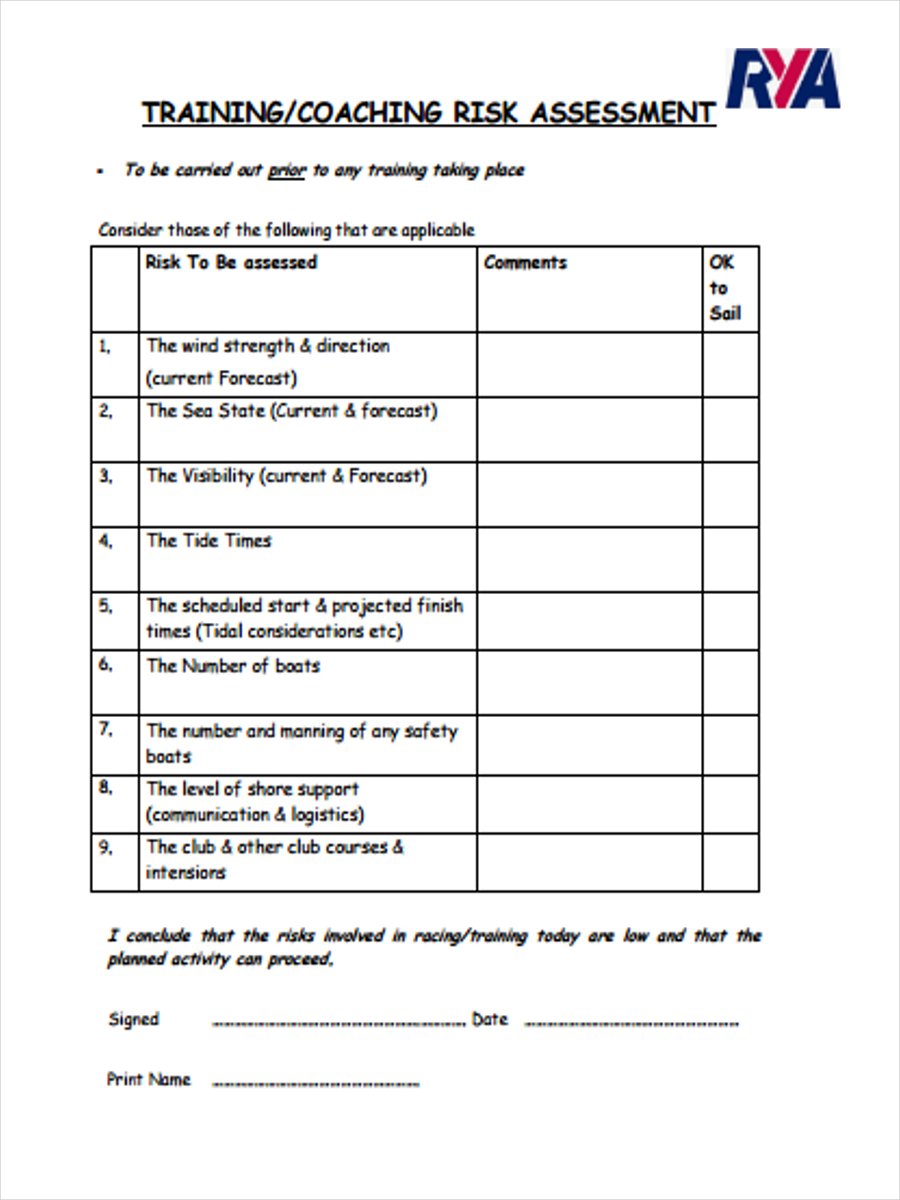 Free 5 Training Risk Assessment Forms In Pdf