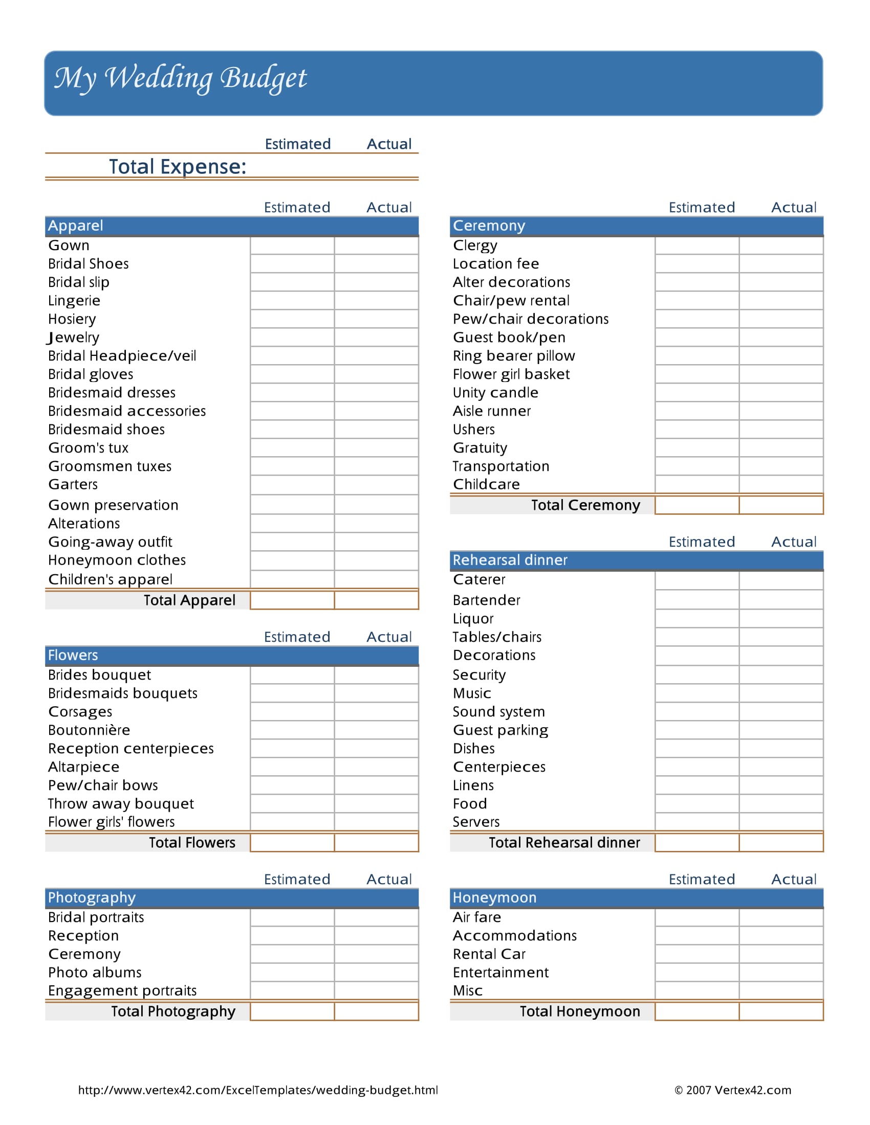 Budget List For Wedding Printable