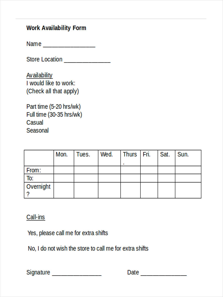 Printable Work Availability Form