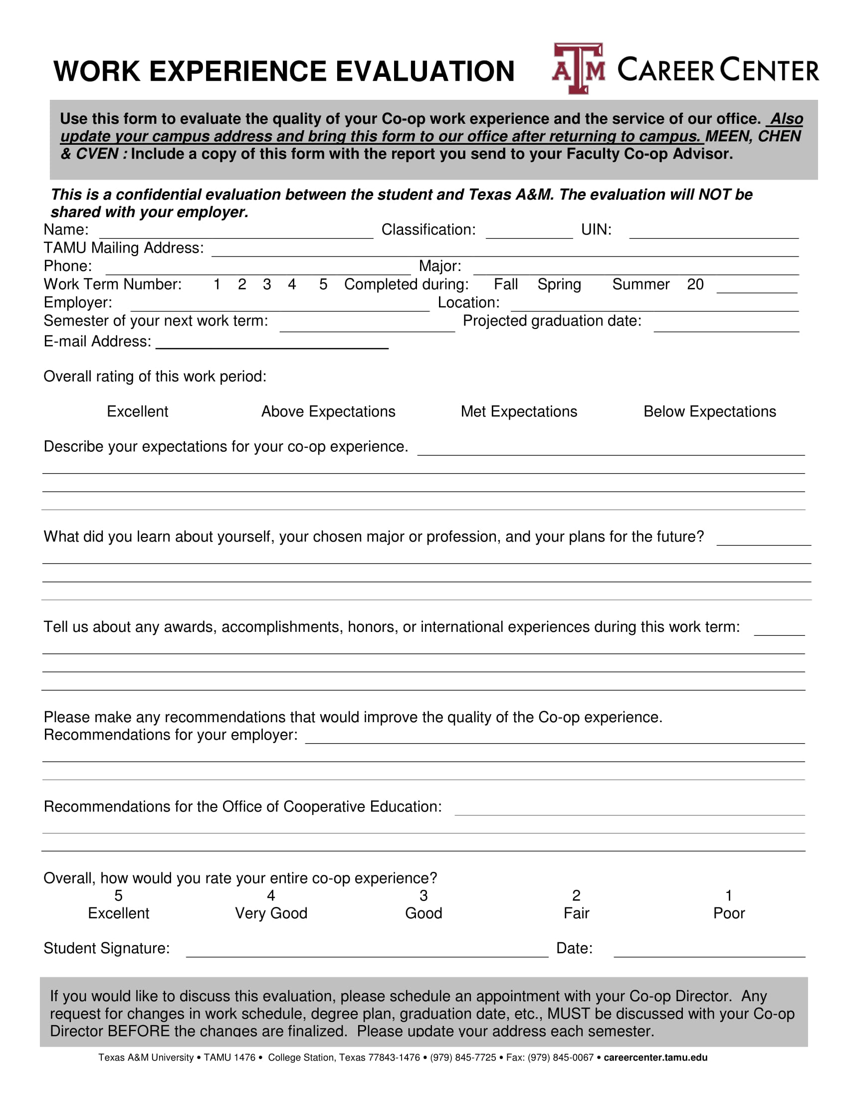 work experience evaluation form 1