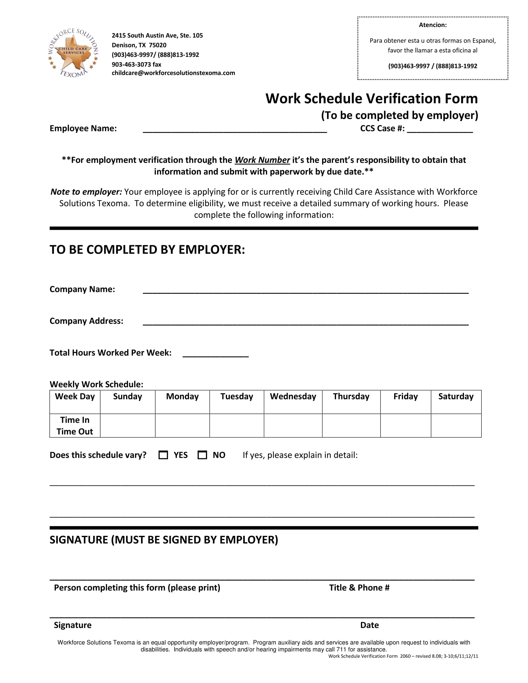 work schedule verification form 1