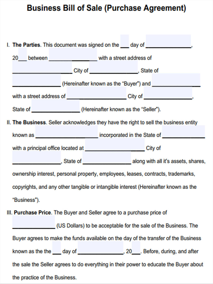 Free 7 Business Bill Of Sale Forms In Pdf