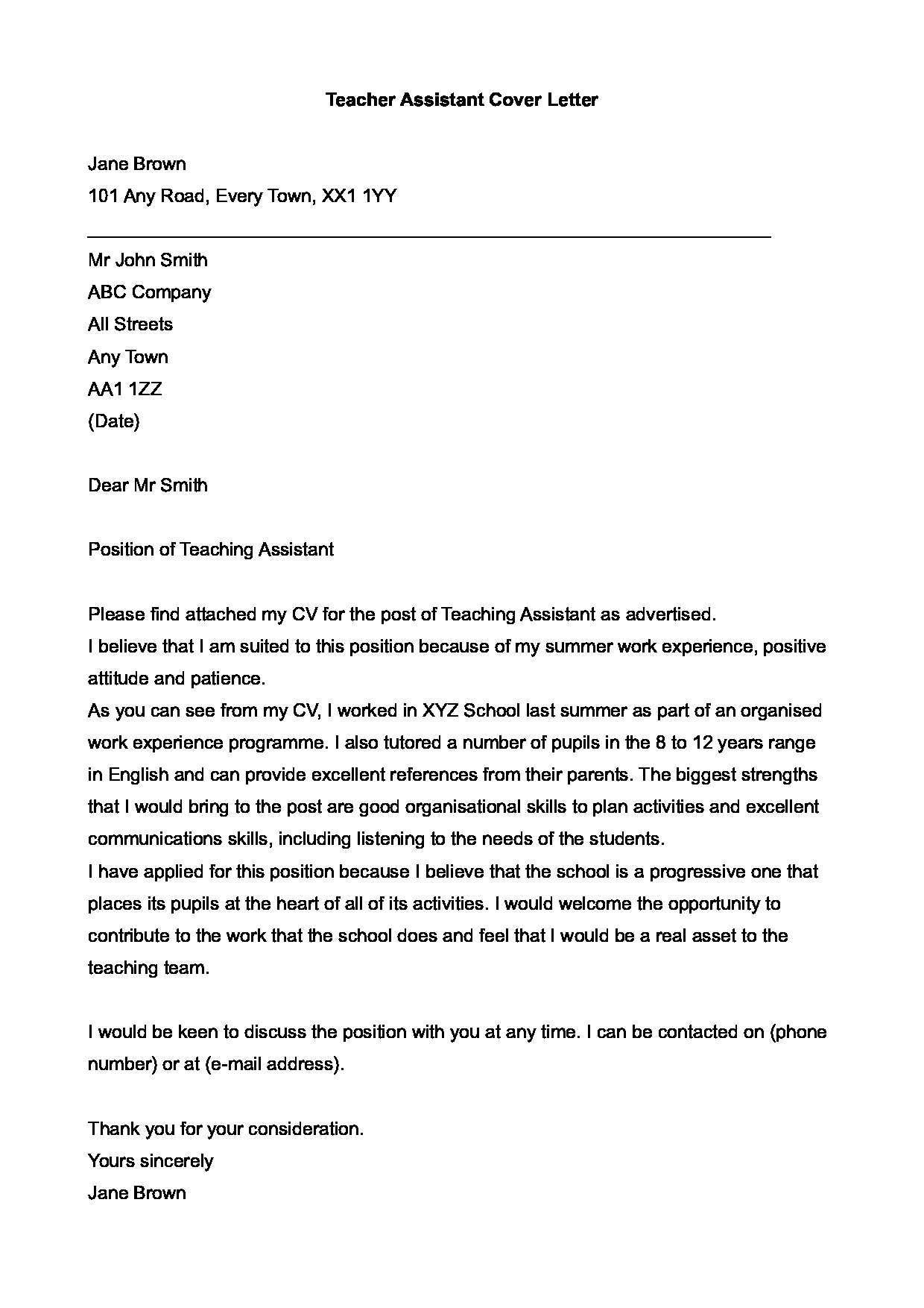 cover letter for resume for teaching job