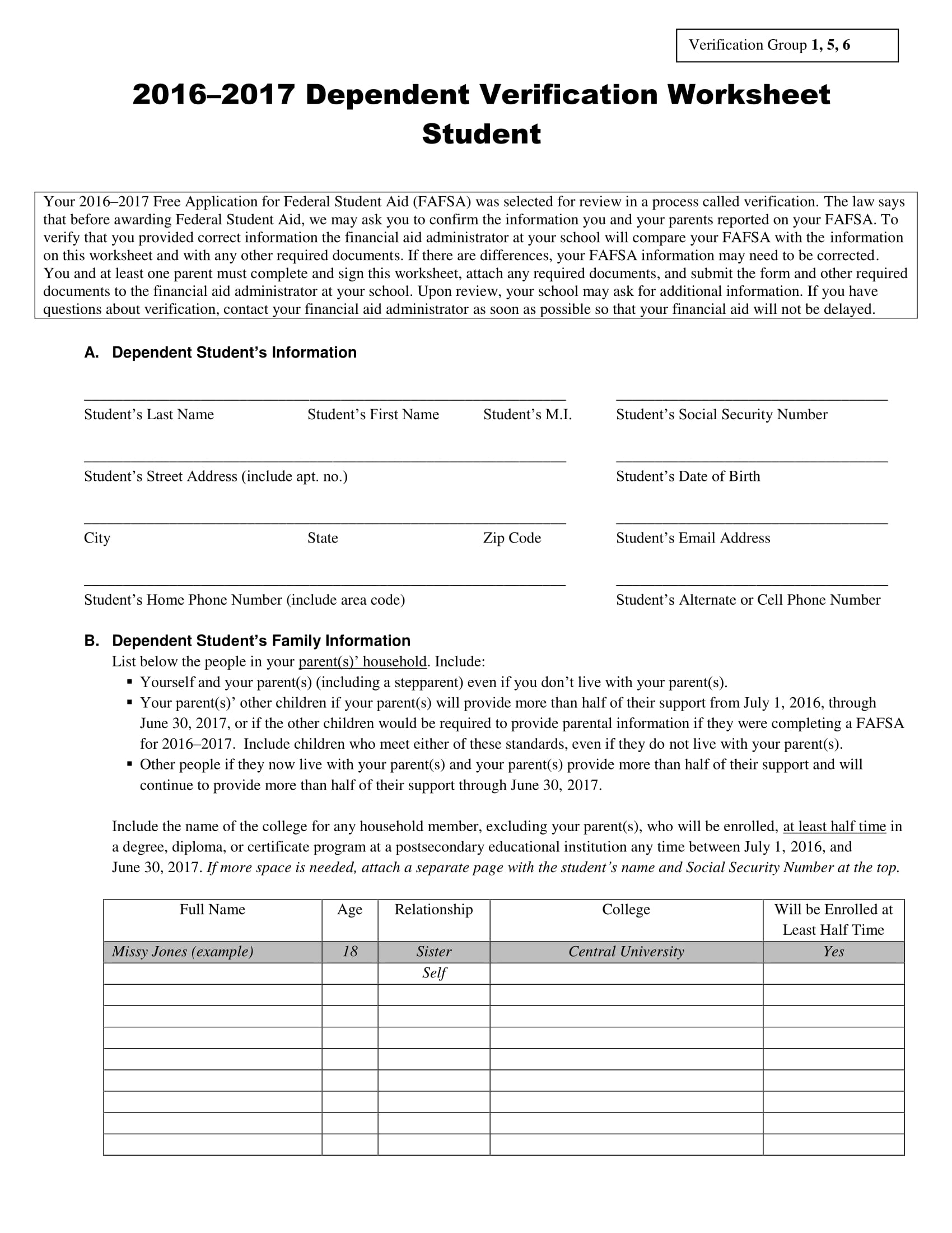 2016 2017 dependent verification form worksheet 1