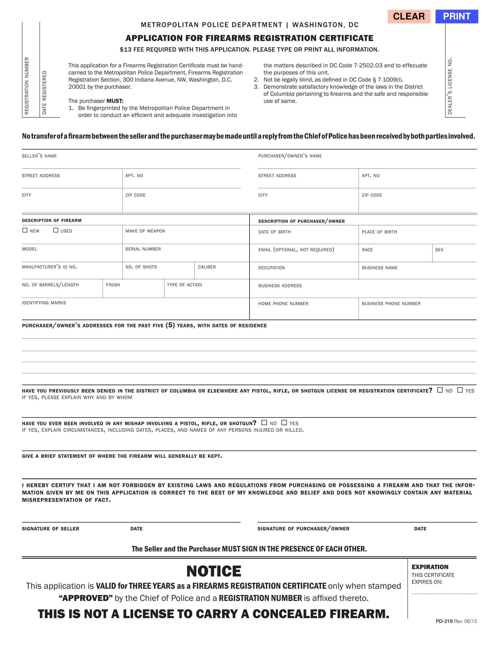 application for firearms registration certificate