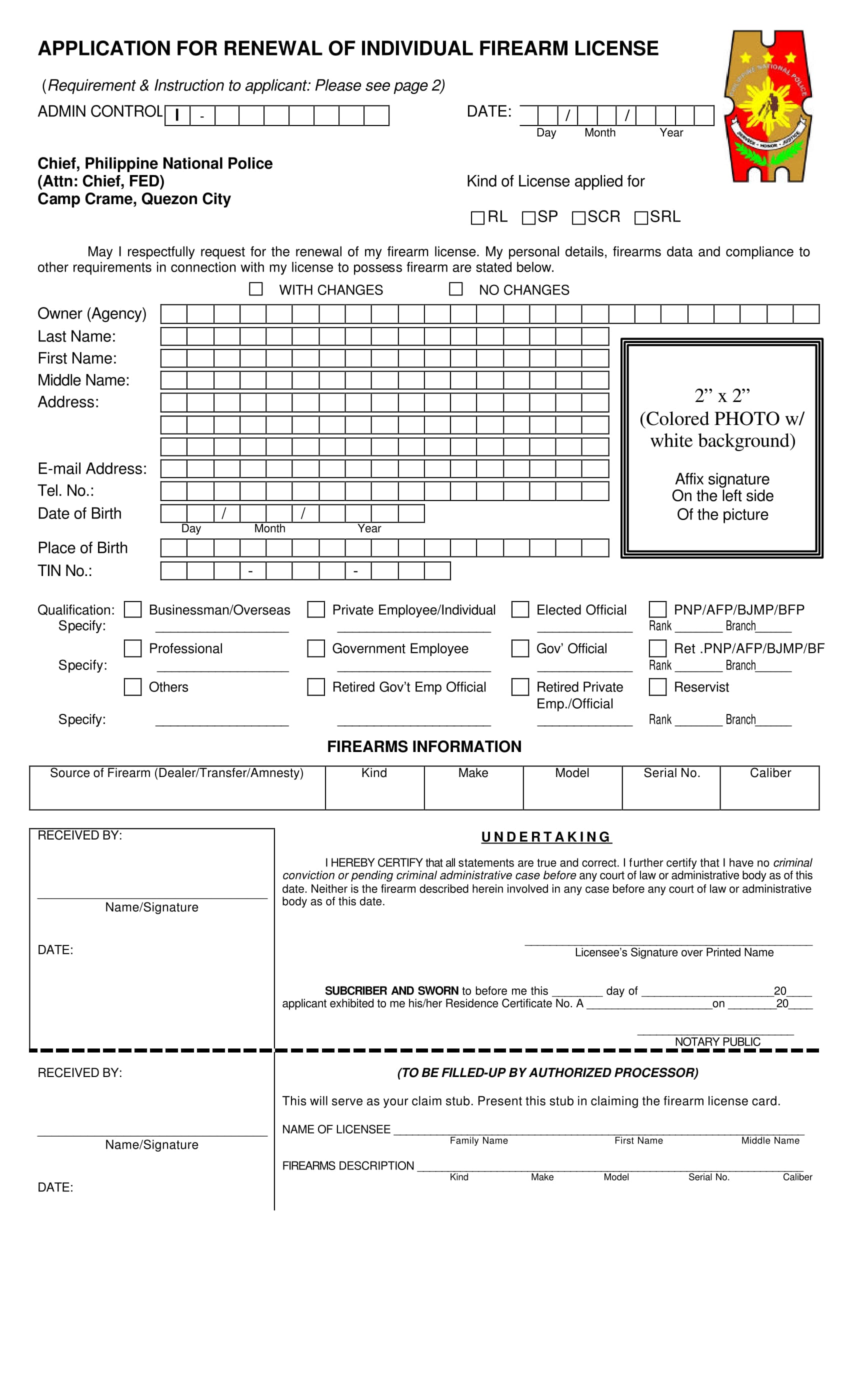 application for renewal of individual firearm license