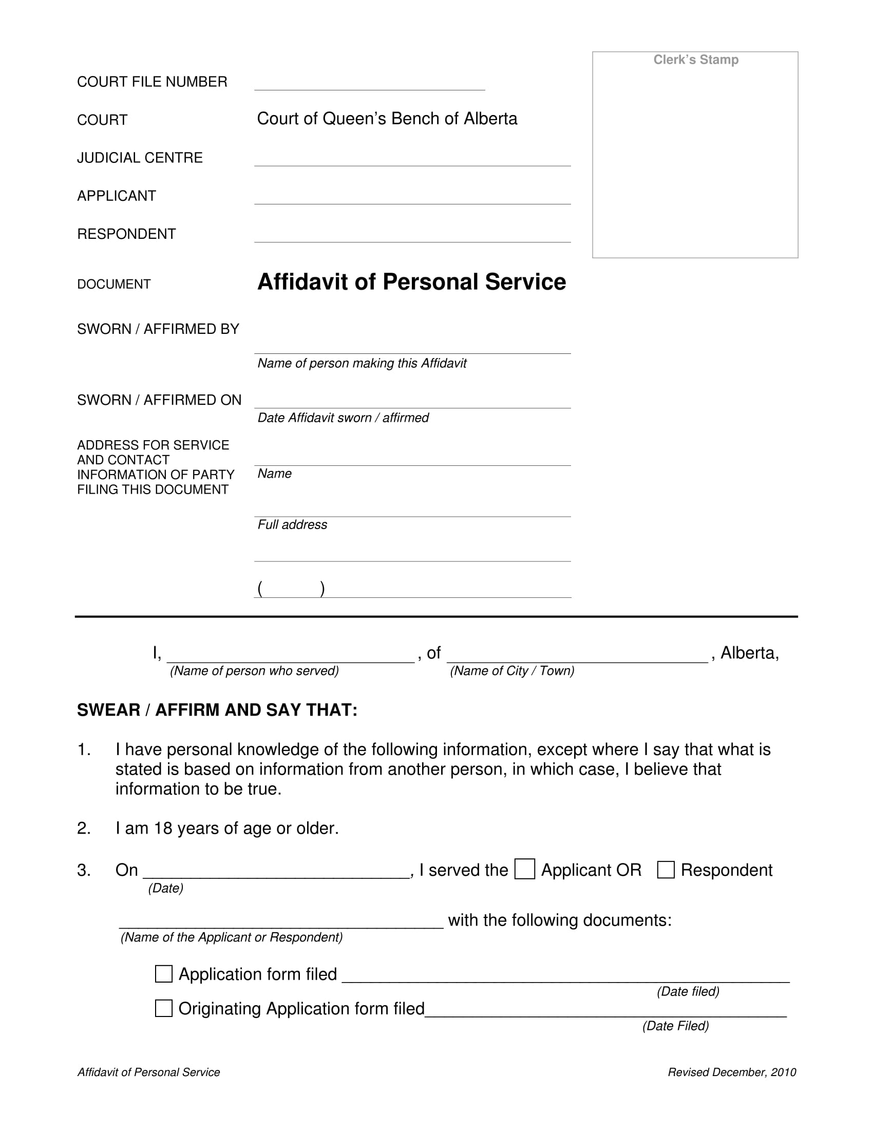 affidavit of personal service form 1