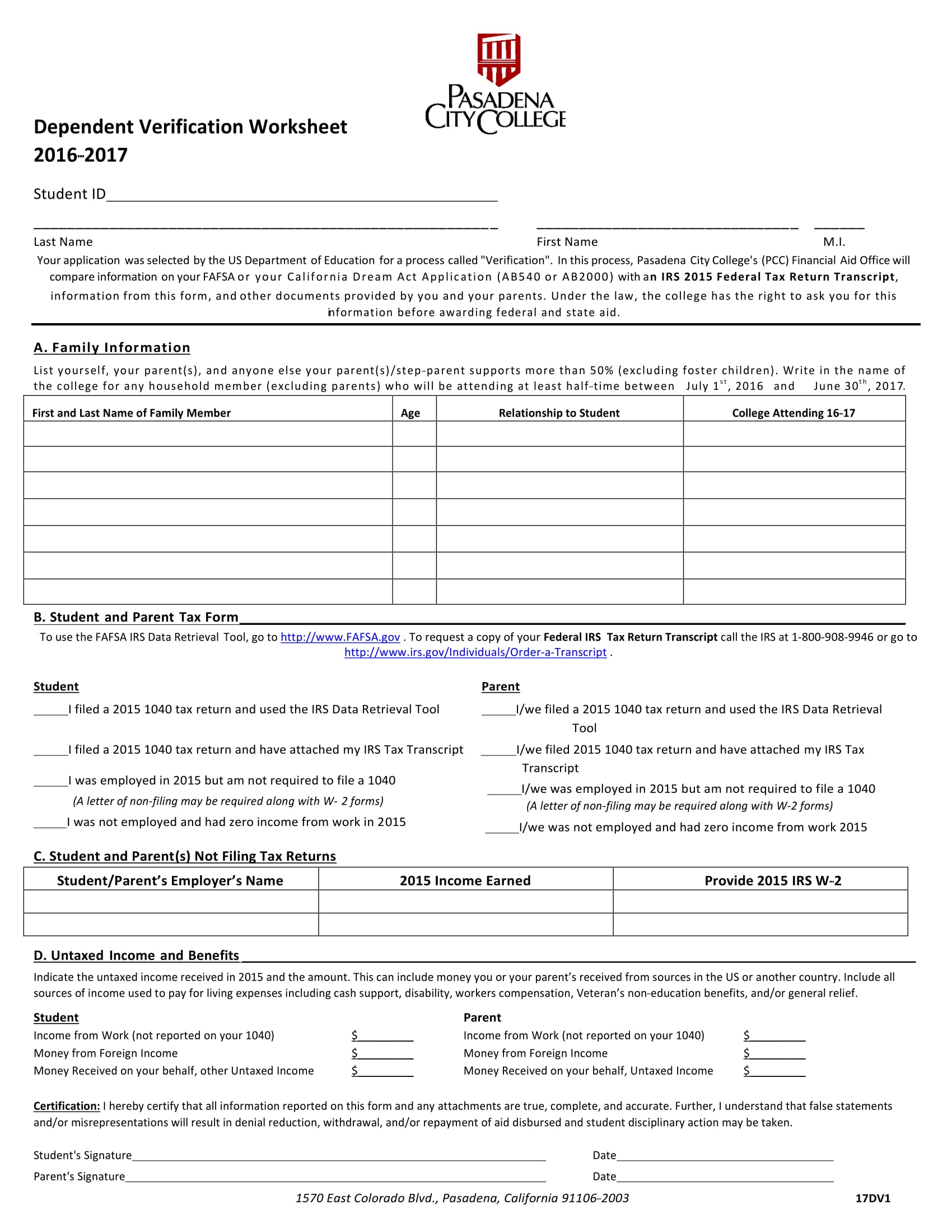 college dependent verification worksheet 1