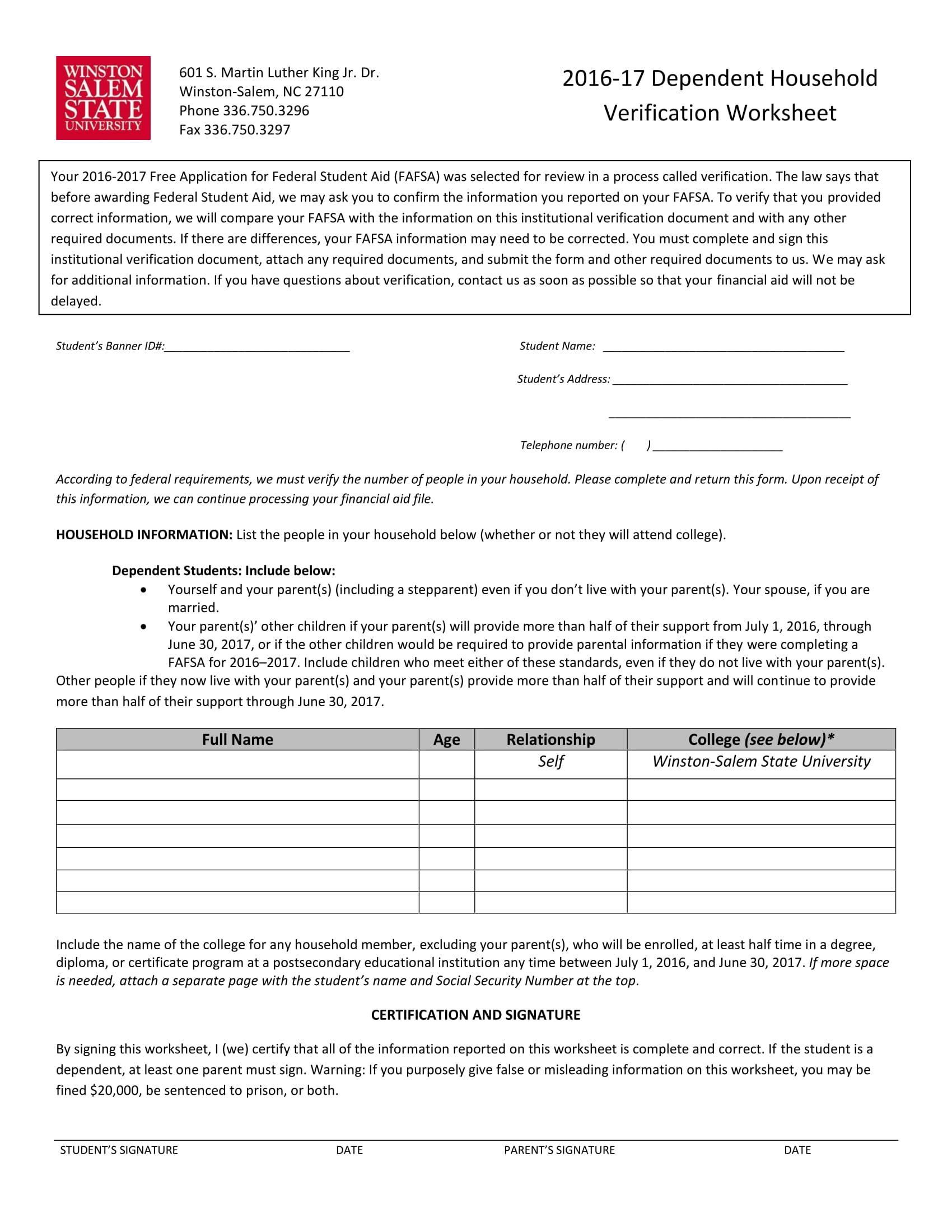 dependent household verification form 1