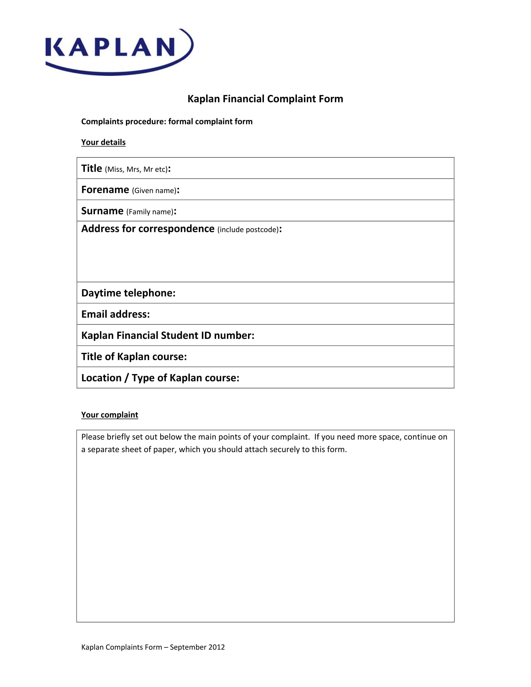 financial complaint form sample 1