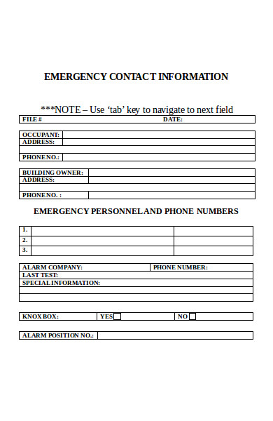 formal emergency contact information form