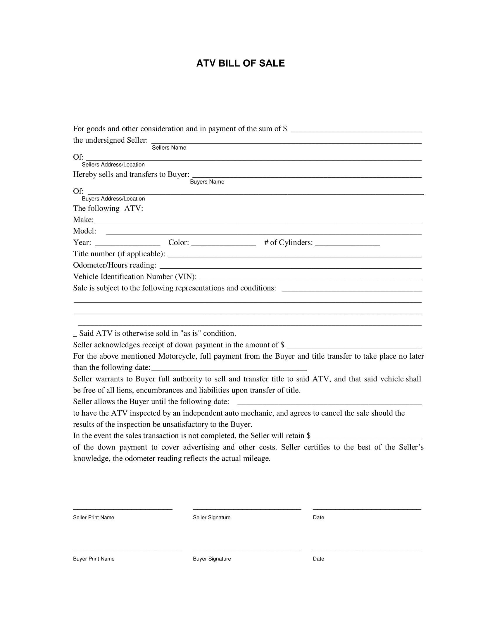 free atv bill of sale form 1