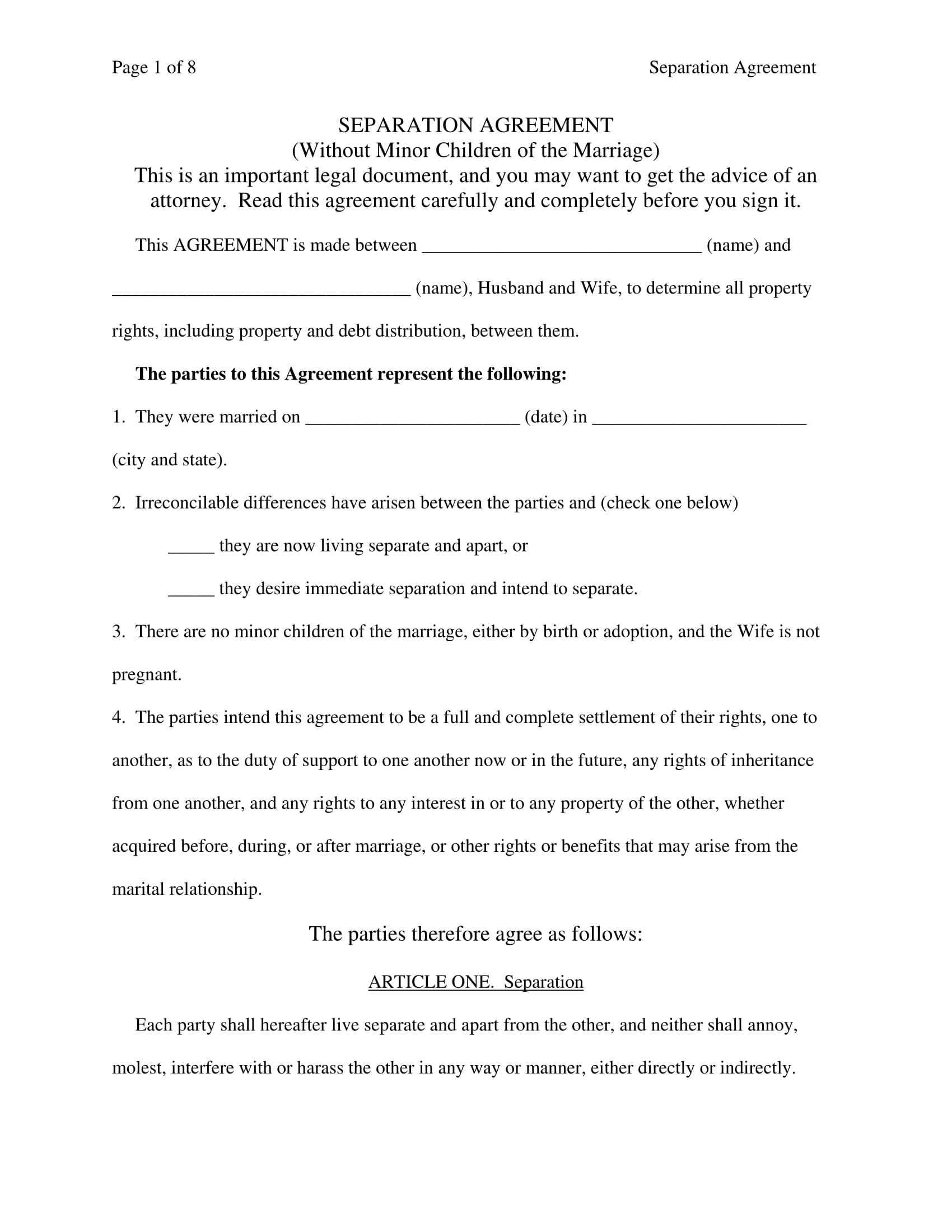 free separation agreement form 1