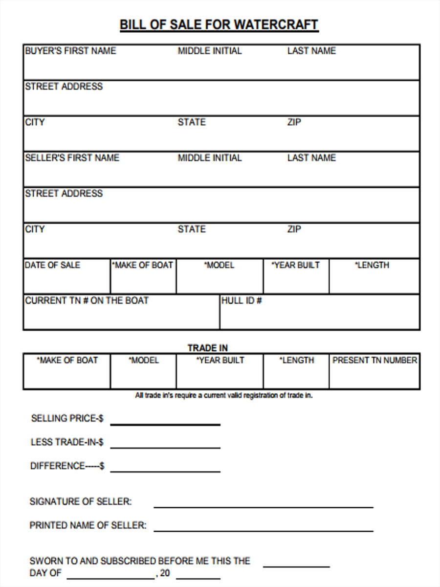 FREE 5 Sample Watercraft Bill Of Sale Forms In MS Word PDF