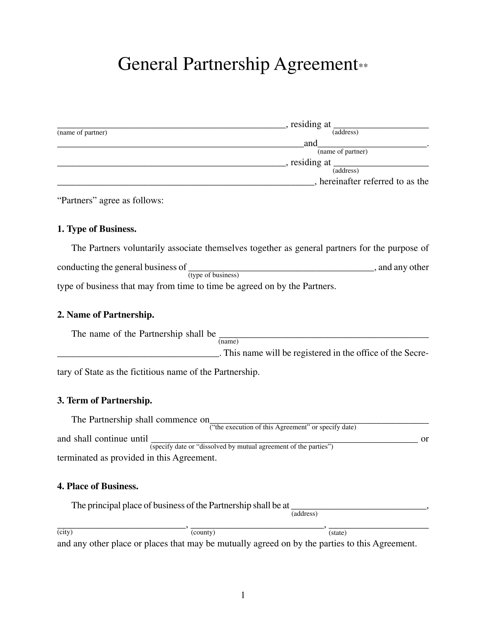 general partnership agreement form 1