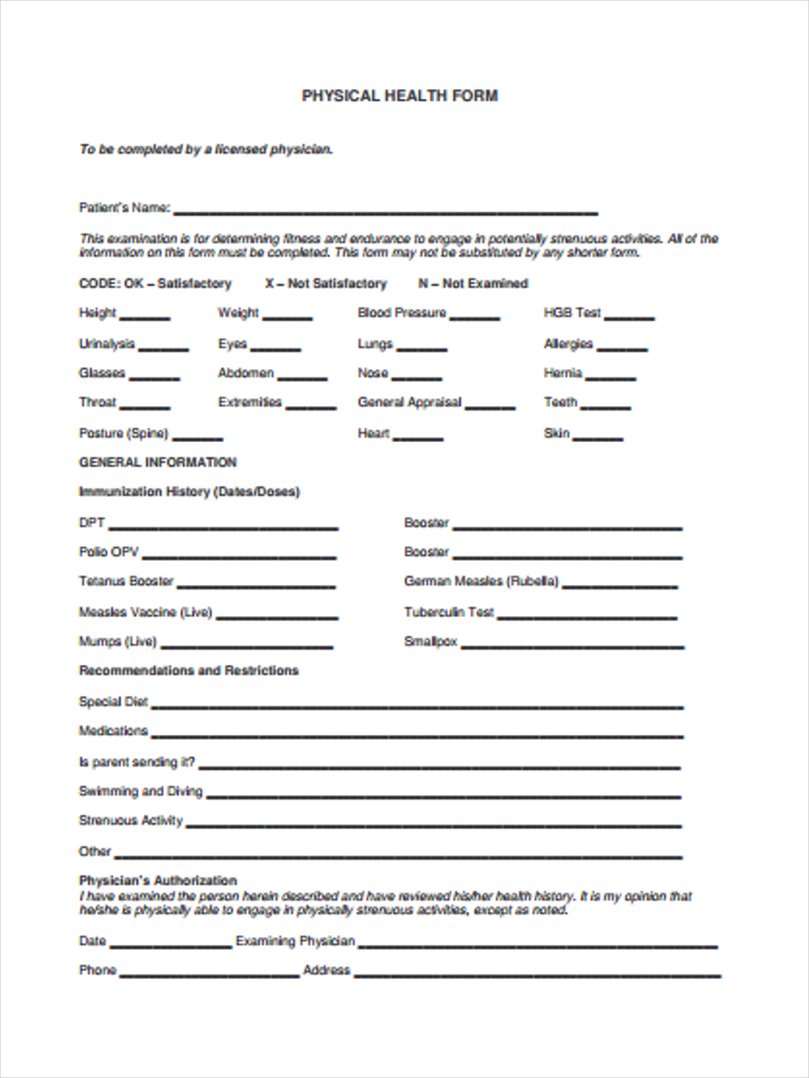 FREE 20+ Physical Health Forms in PDF  Ms Word With Regard To History And Physical Template Word