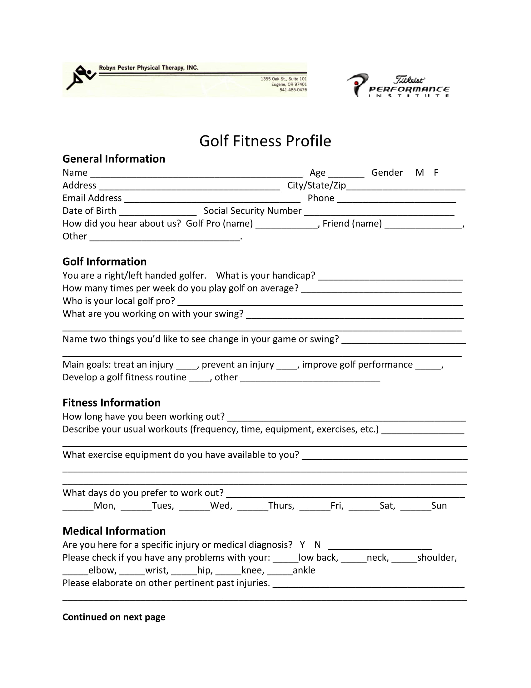 golf fitness evaluation form 1