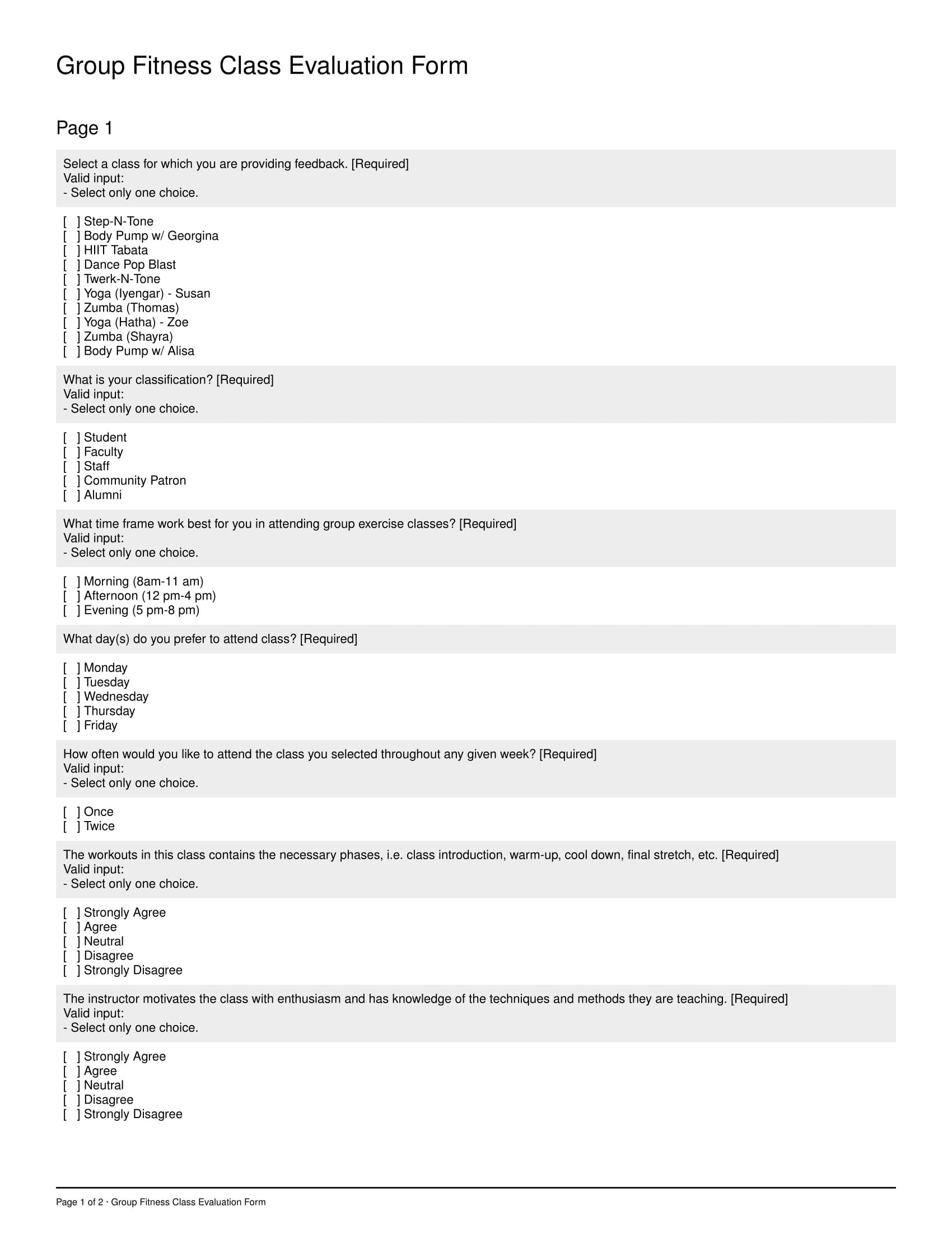 group fitness evaluation form example 1