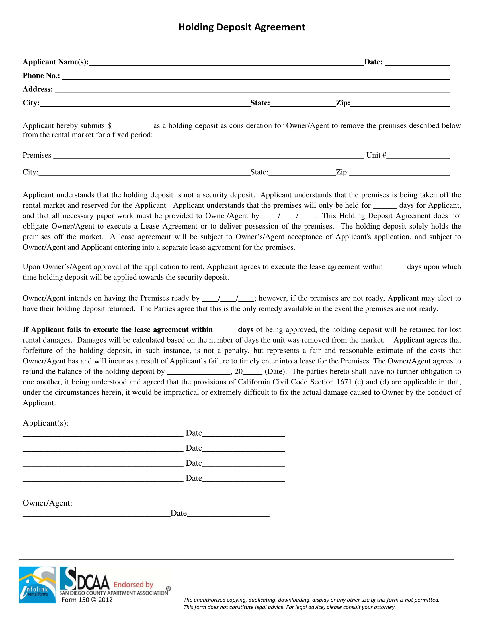 FREE 22+ Landlord Forms [ Agreements, Notice , Eviction , Deposit ] For holding deposit agreement template