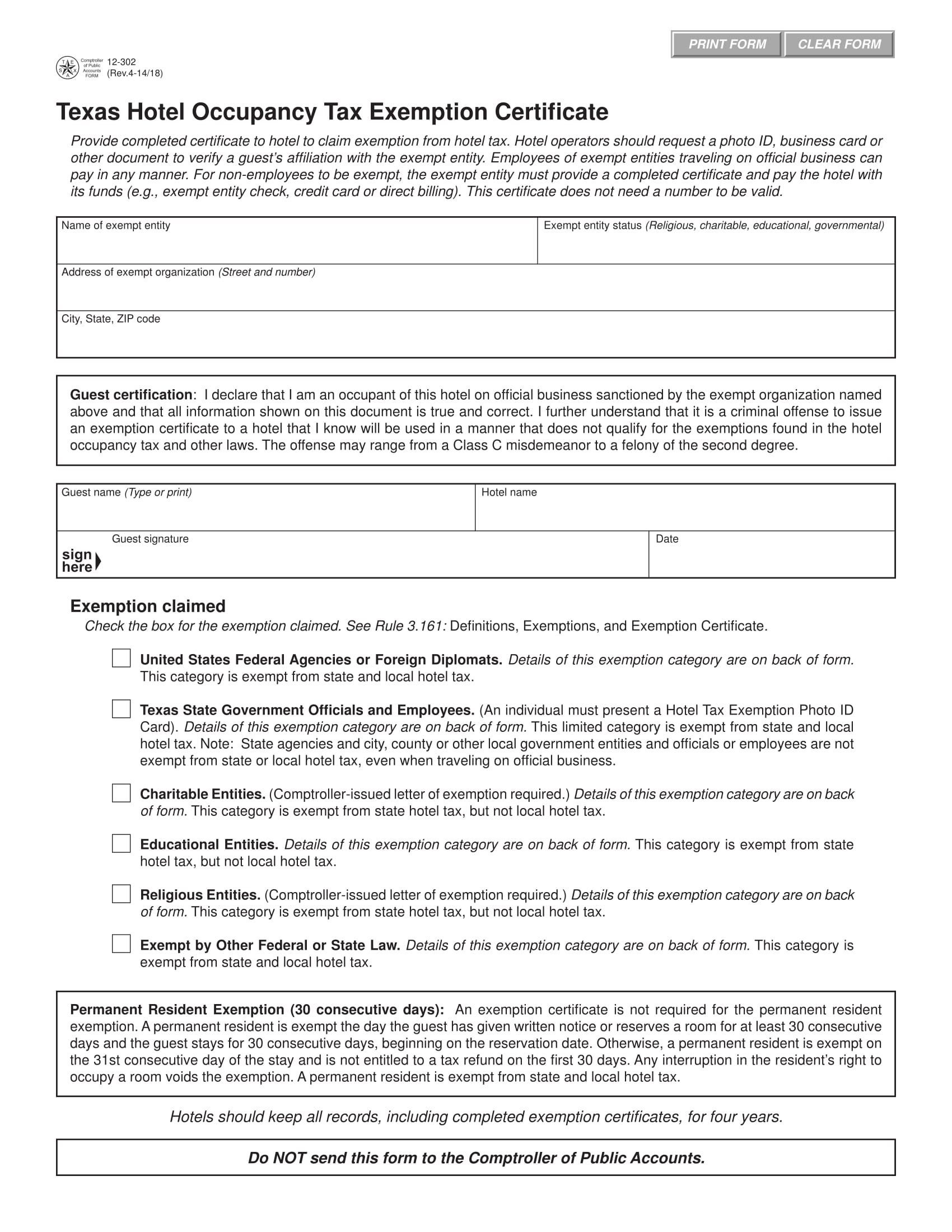 hotel occupancy tax exemption form 1