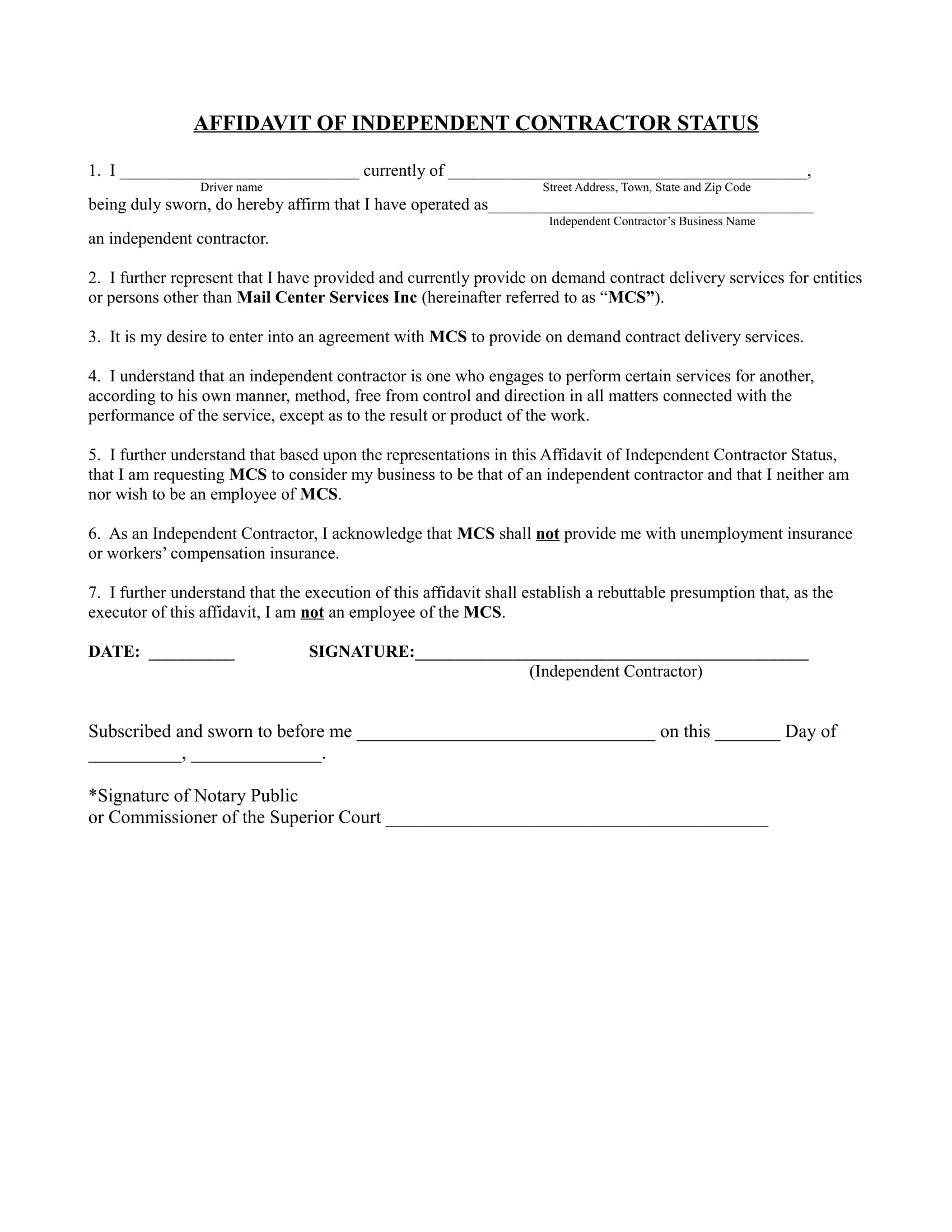 independent contractor affidavit form 1