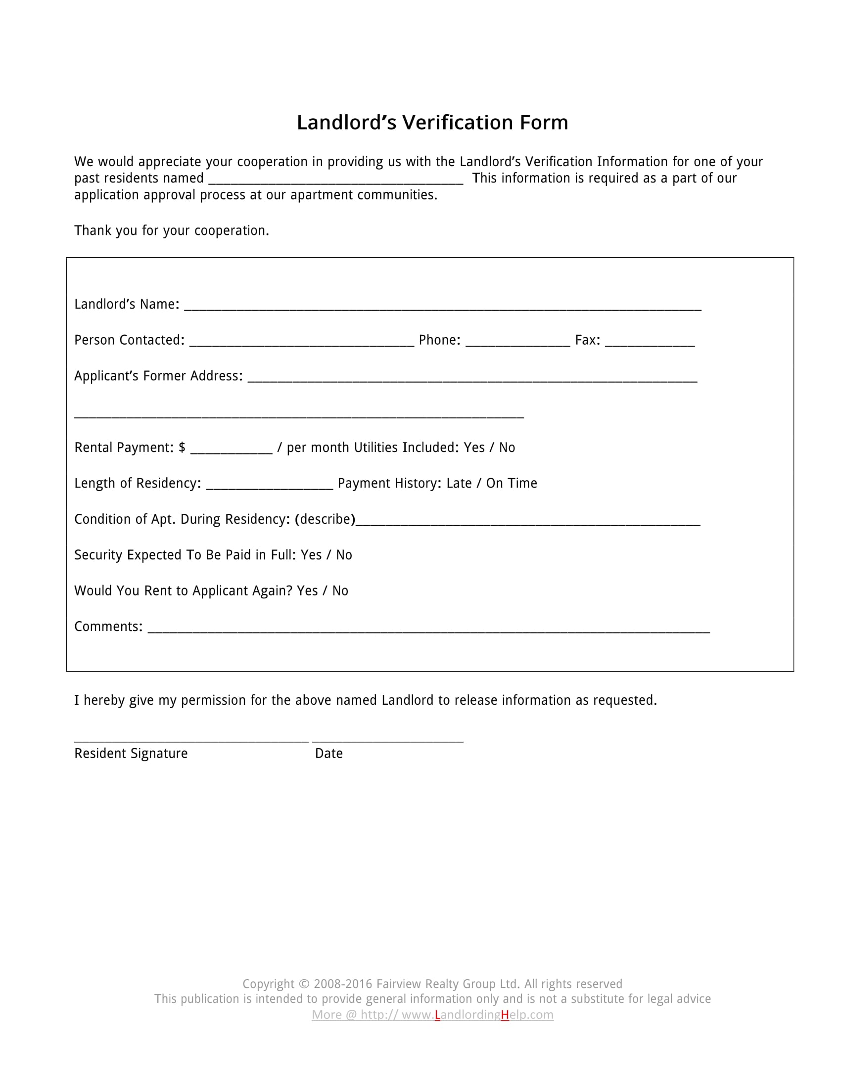 Free Printable Landlord Verification Form