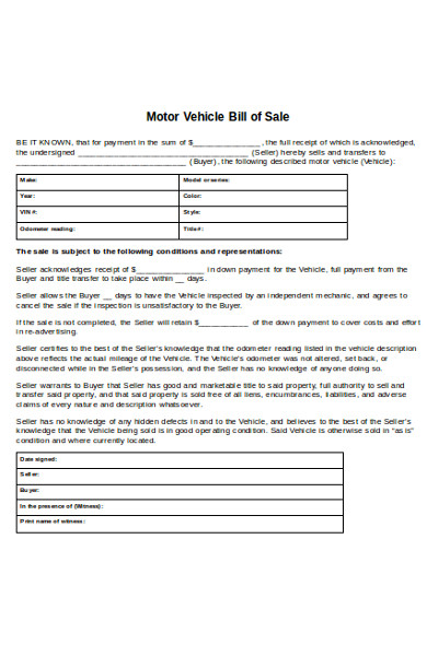 motor vehicle bill of sale form