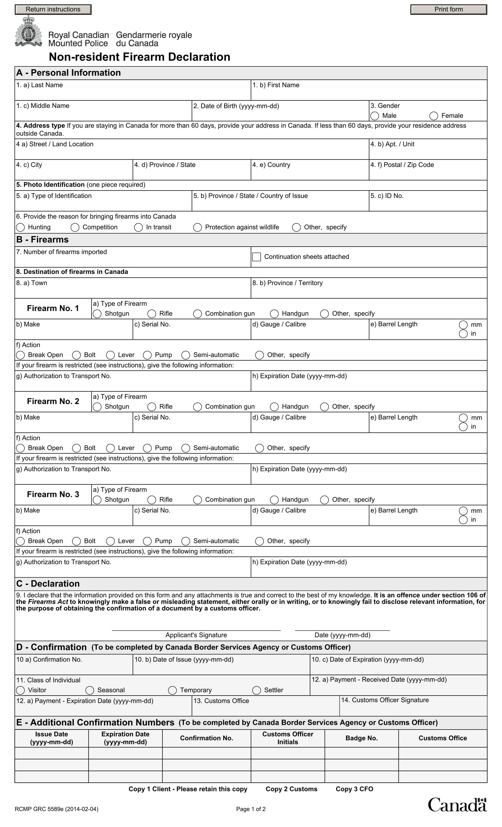 non resident firearm declaration