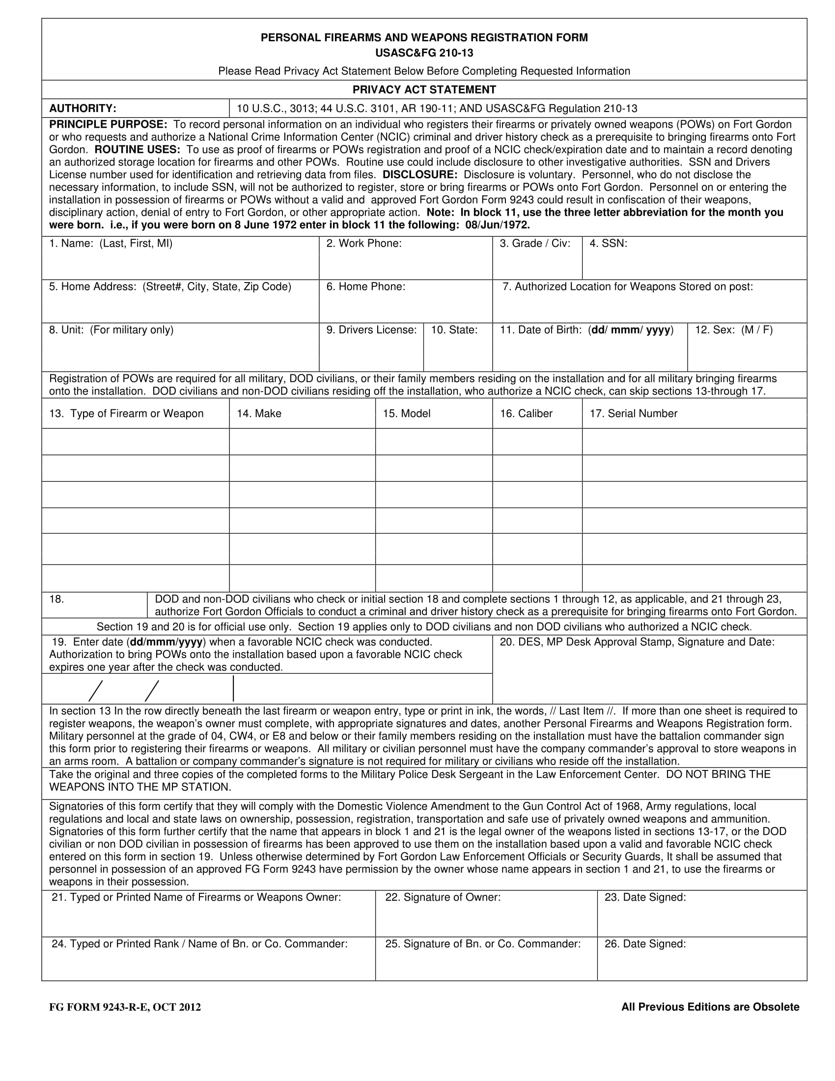 personal firearms and weapons registration form