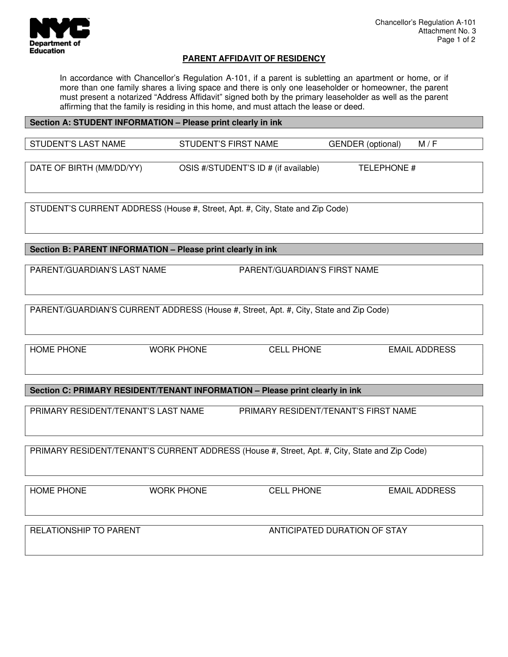 parent affidavit of residency form 1